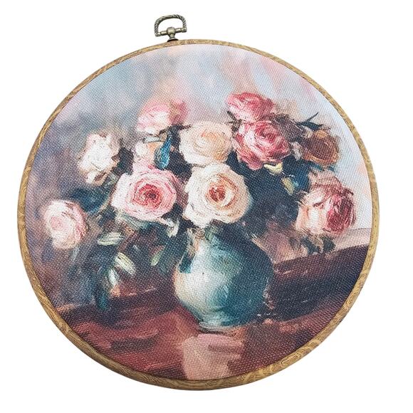 Floral Art Framed Picture Pink Roses Vase Round Cottage Country Renaissance - Picture 1 of 9